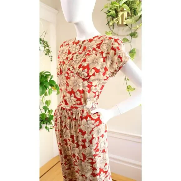 Vintage 1980s Pants Suit 80s CAROLE LITTLE Floral Art Deco Orange Blouse Top Set